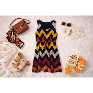 Kiss & Cry Chevron A-Line Dress | Multicolor Navy | Sleeveless Drawstring | XL